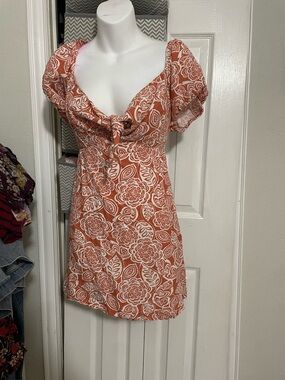 Rust Floral Tie-Front Puff Sleeve Mini Dress